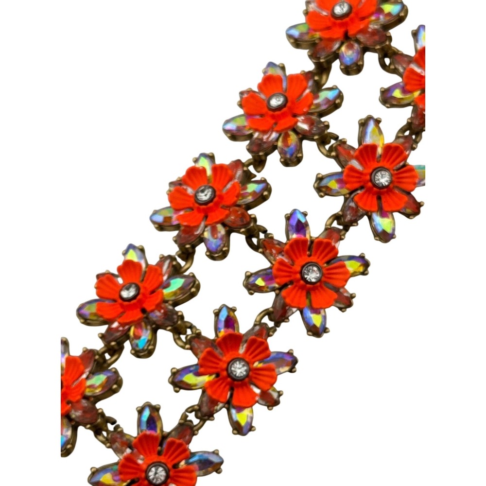 J. Crew Pansy Floral Crystal Bracelet Neon Persimmon AB Rhinestone Gold Tone